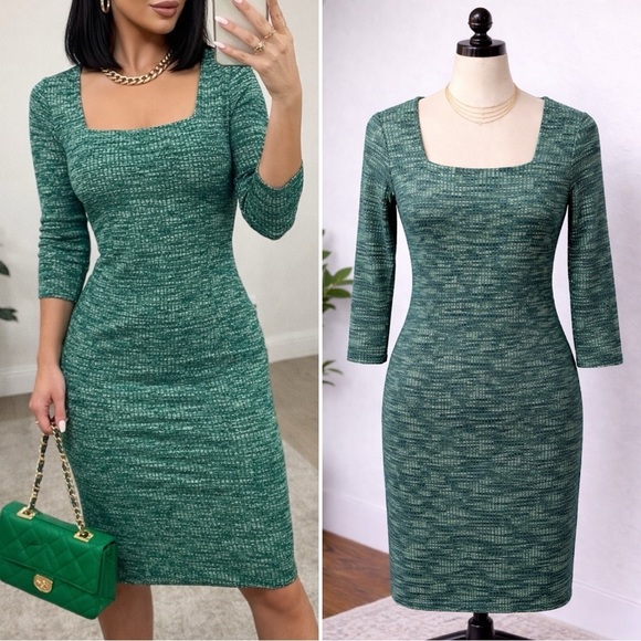 Primark Dresses & Skirts - 046 Primark | NWOT Turkey Green Textured Knit Square Neck Midi Dress (Size 8)